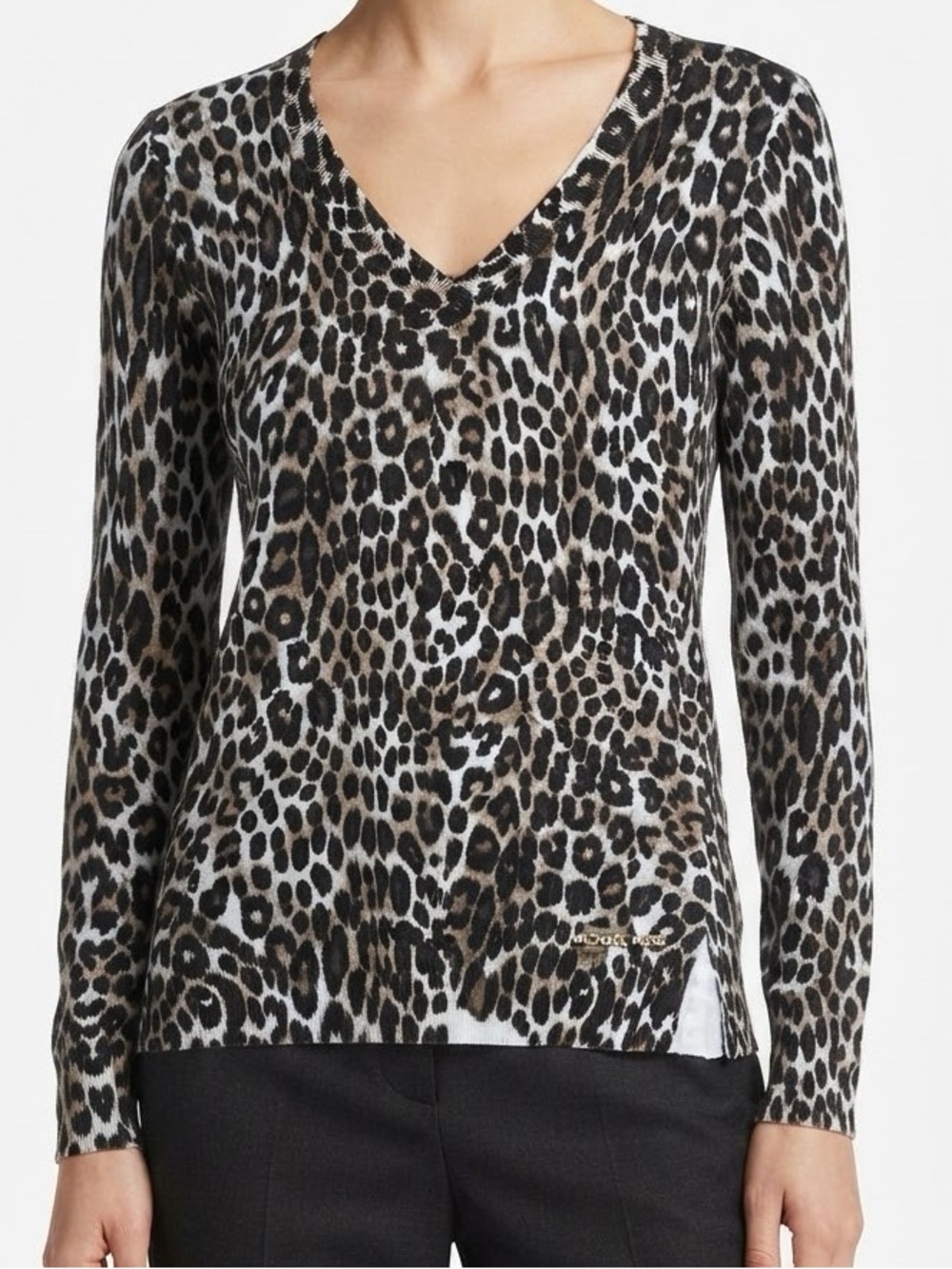 Michael Kors Leopard V-Neck Knit Top Lightweight Sweater - Brown/Black Size S